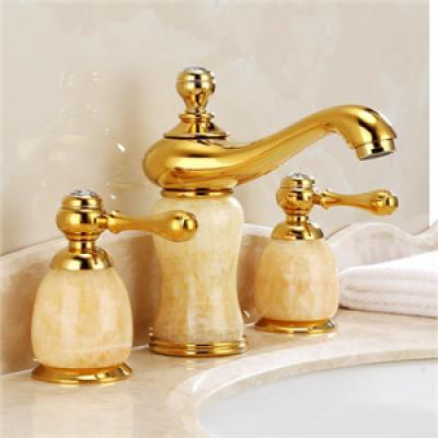 European style full copper natural jade three hole hot and cold faucet split Dali basin gold with nozzle faucet 