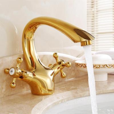 Hot and cold water faucets, all copper, European antique faucets, bathroom gold washbasin faucets, double handle single hole faucets